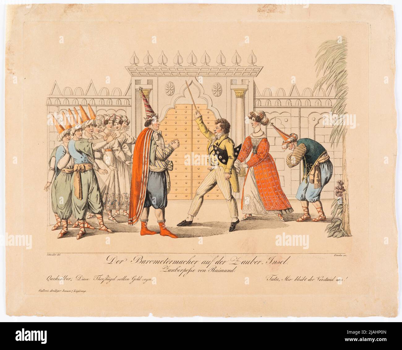'El fabricante del barómetro en la isla mágica' (Gallerie Droller Scenen para el periódico teatral, nacido en 1, nº 7). Johann Wenzel Zinke (1782-1851), grabador de cobre, después de: Johann Christian Schoeller (1782-1851), artista Foto de stock