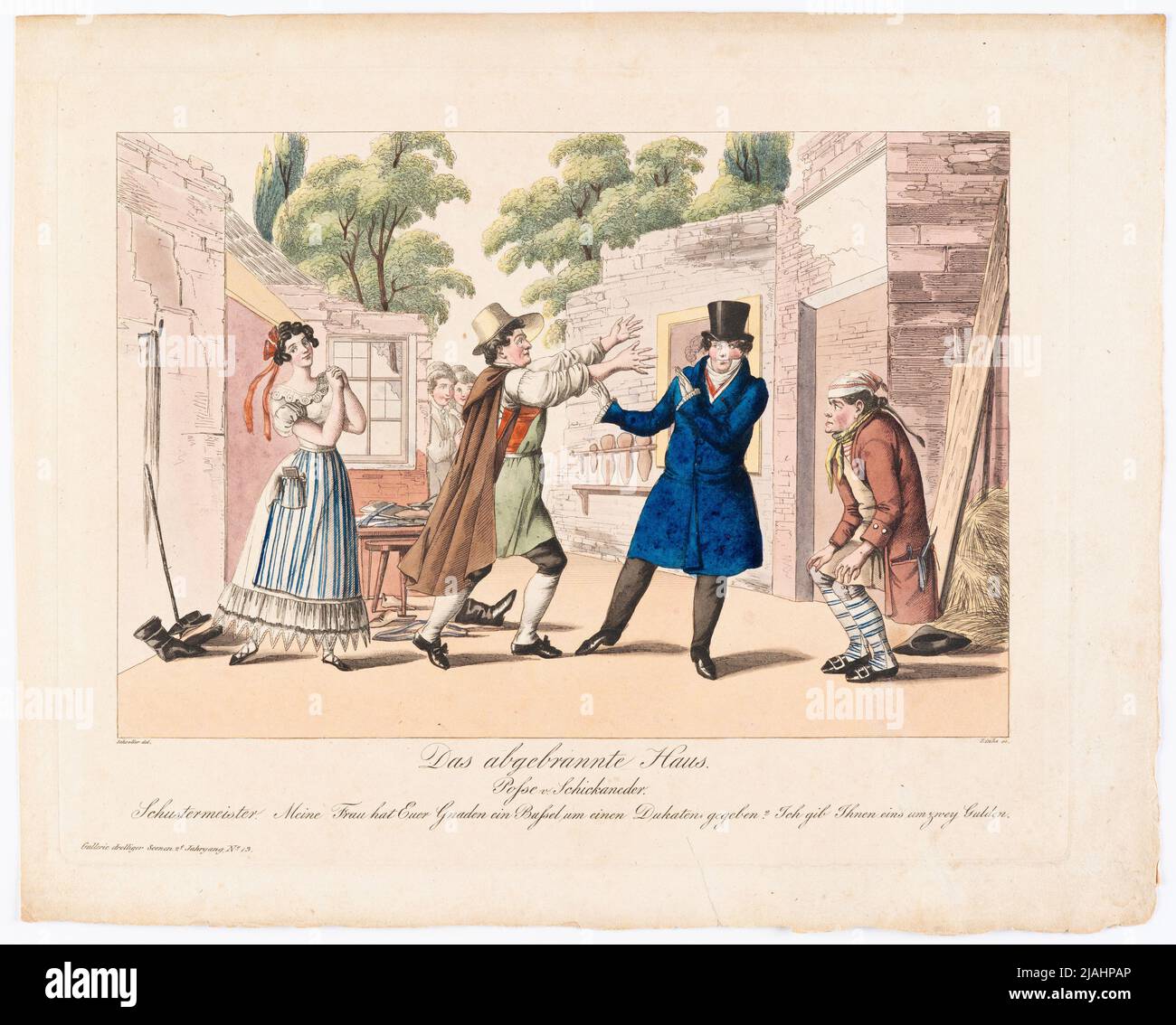 'La casa quemada'. Posse von Schikaneder (Gallerie Droller Scenen al periódico del teatro, JG. 2, Nº 13). Johann Wenzel Zinke (1782-1851), grabador de cobre, después de: Johann Christian Schoeller (1782-1851), artista Foto de stock