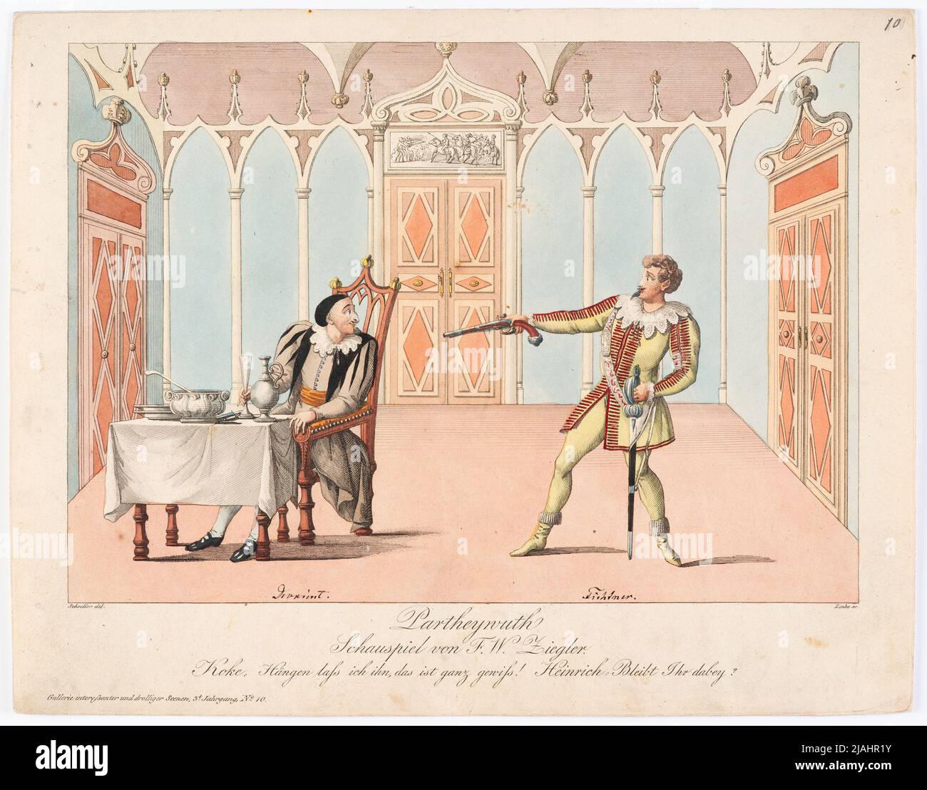 'Partheywuth' de F. W. Ziegler (Gallerie Droller Scenen para el periódico teatral, 3rd año, Nº 10). Johann Wenzel Zinke (1782-1851), grabador de cobre, después de: Johann Christian Schoeller (1782-1851), artista Foto de stock
