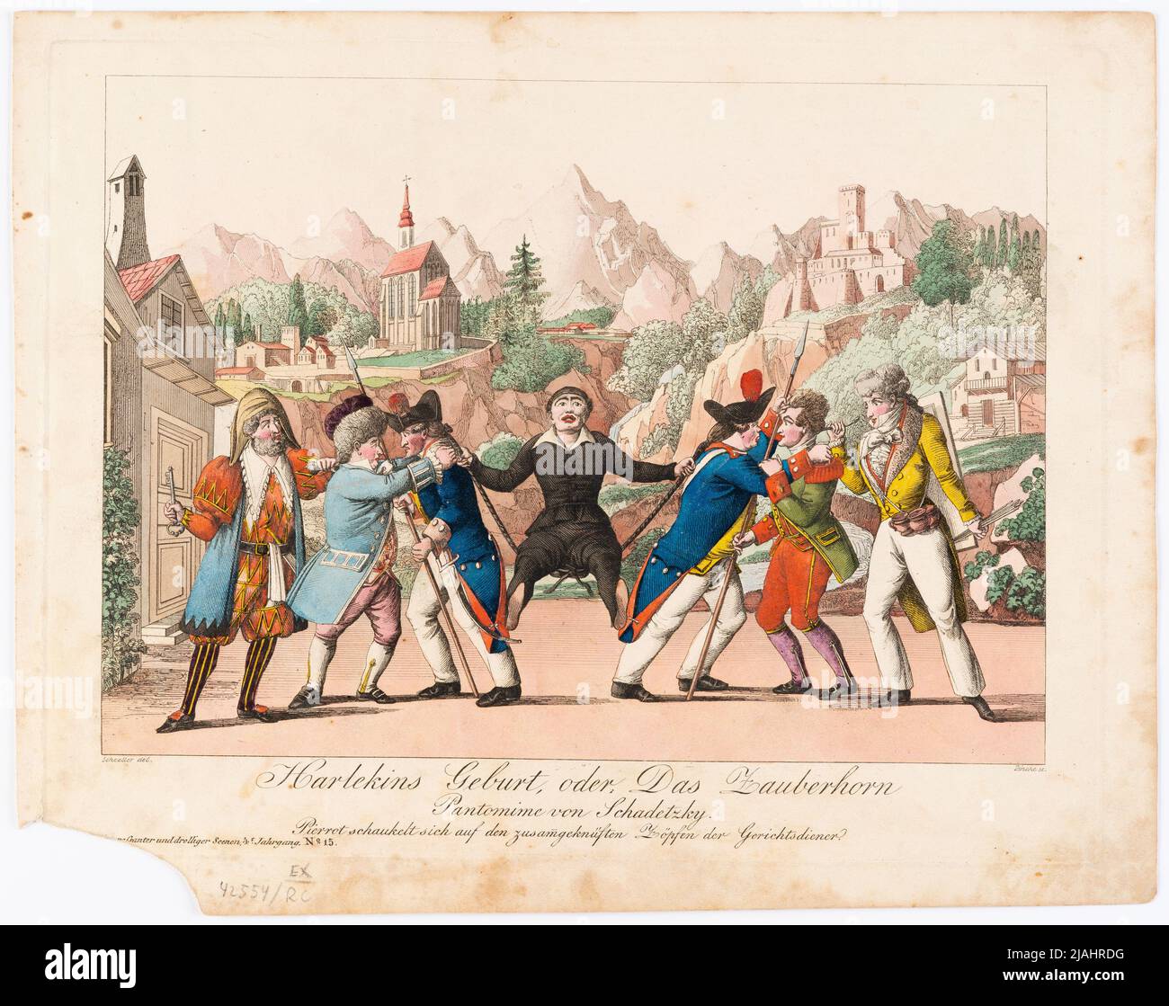 'El nacimiento de Harlekin', de Schametzky (Gallerie Droller Scenen para el periódico teatral, 4th años, Nº 15). Johann Wenzel Zinke (1782-1851), grabador de cobre, después de: Johann Christian Schoeller (1782-1851), artista Foto de stock