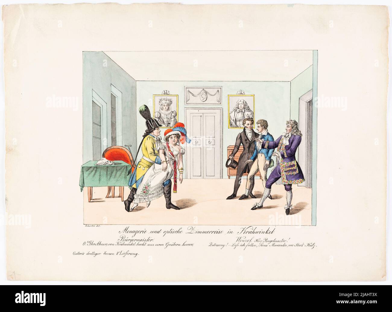 'Visita a la habitación óptica y menagerie en Krähwinkel' por el mismo y Hopp (Gallerie Droller Scenen para el periódico del teatro, 1st años, Nº 8). Johann Christian Schoeller (1782-1851), artista Foto de stock