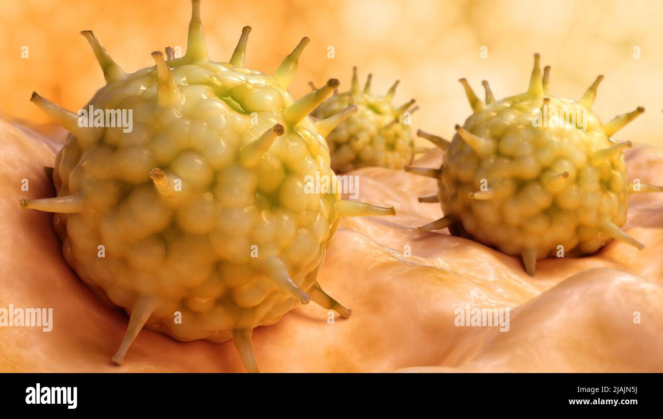 Ilustración biomédica conceptual del virus de la gripe en superficie. Foto de stock