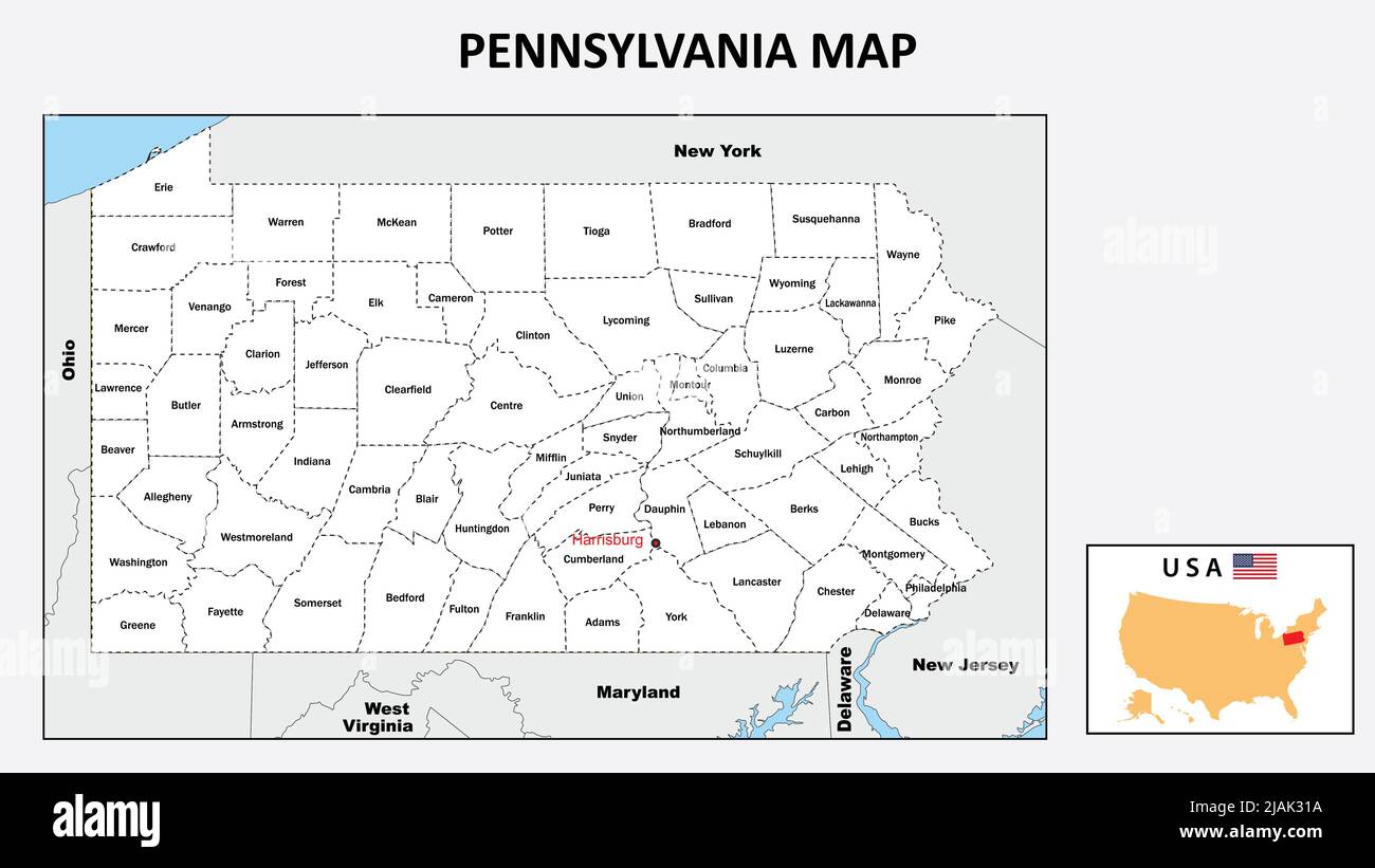 Mapa De Pennsylvania Mapa Político De Pennsylvania Con Límites En Color Blanco Imagen Vector De 5836