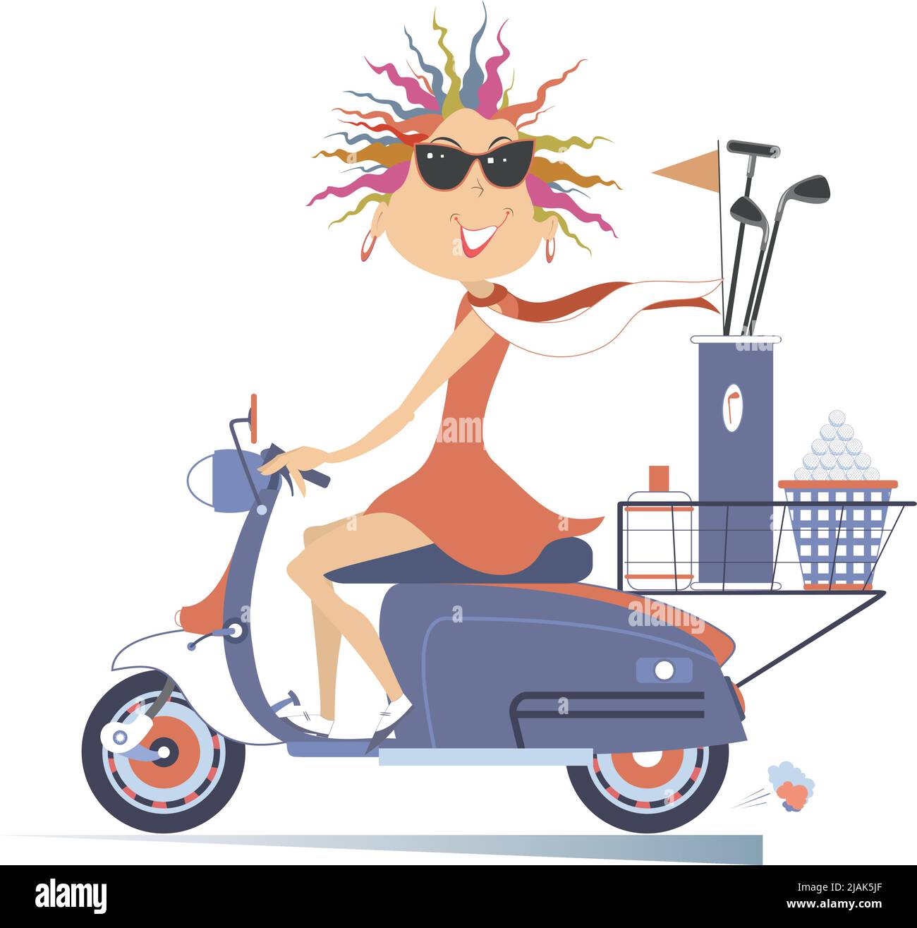 Mujer sonriente en gafas de sol en el scooter está en el camino al campo de golf aislado sobre fondo blanco Ilustración del Vector