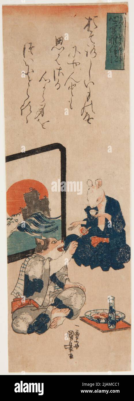 Gato y ratón que festejan juntos (incluso los enemigos naturales pueden ser amigos) / Neko is Nezumi, de la serie: Ciencias morales ilustradas para los jóvenes / Shingaku Osana etoki Utagawa, kuniyoshi (1797 1861) Foto de stock