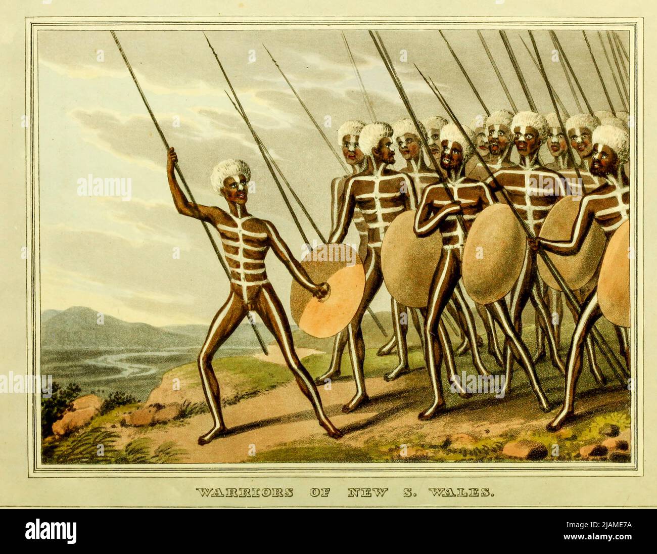 Guerreros de Nueva Gales del Sur del libro 'Deportes de campo, etc., de los habitantes nativos de Nueva Gales del Sur' de John Heaiside Clark, Editorial Londres : E. Orme 1813 Matthew DUBOURG (grabador) John Heaiside Clark (c.1771–1863) fue un grabador de aguatinta escocés y pintor de paisajes y paisajes marinos. También fue conocido como Waterloo Clark, debido a los bocetos que hizo en el campo directamente después de la Batalla de Waterloo. Clark exhibió regularmente en la Royal Academy entre 1801 y 1832. Fue autor de un ensayo práctico sobre el arte de Colorear y pintar paisajes, con ilustración Foto de stock