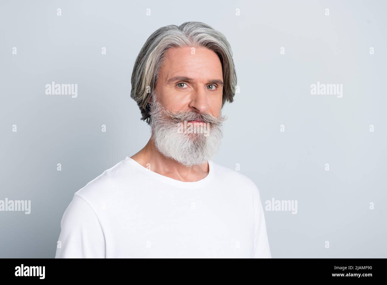 Retrato de un atractivo y tranquilo hombre de pelo gris metrosexual aislado  sobre fondo gris pastel Fotografía de stock - Alamy