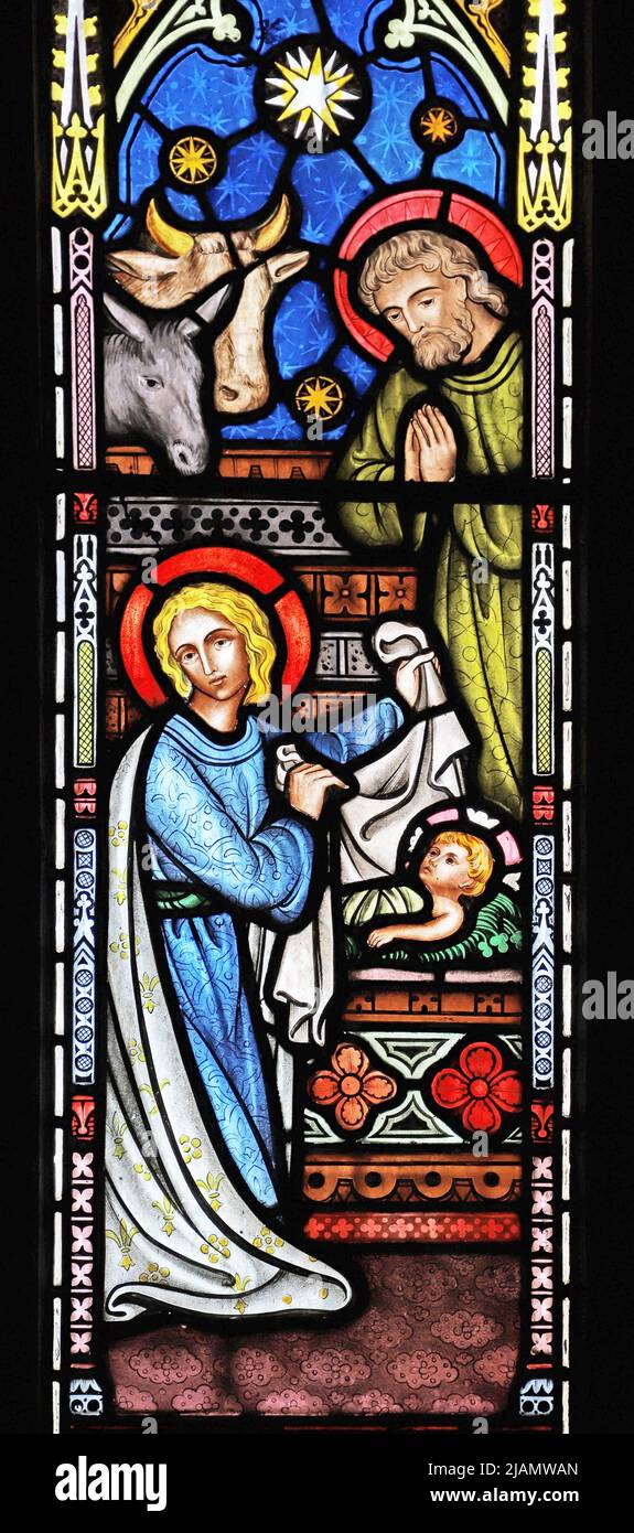 Una vidriera de Frederick Preedy que representa la Natividad, la Iglesia de Todos los Santos, la Iglesia Lench, Worcestersh Foto de stock