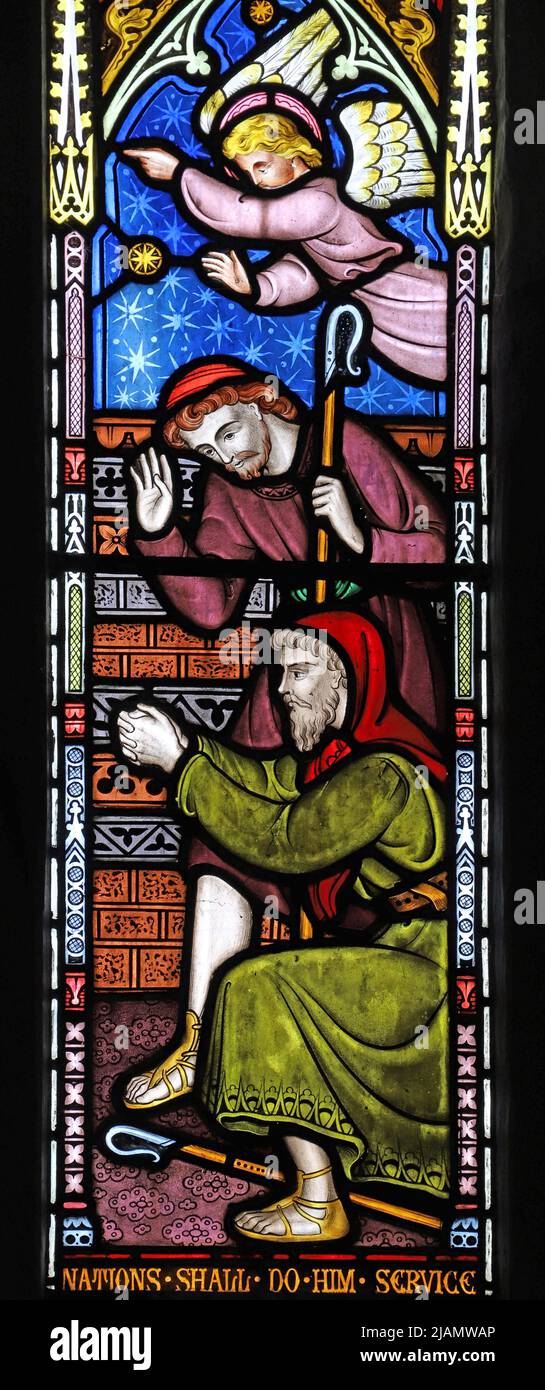 Una vidriera de Frederick Preedy que representa la adoración de los pastores en la Natividad, Iglesia de Todos los Santos, Iglesia Lench, Worcestershire Foto de stock