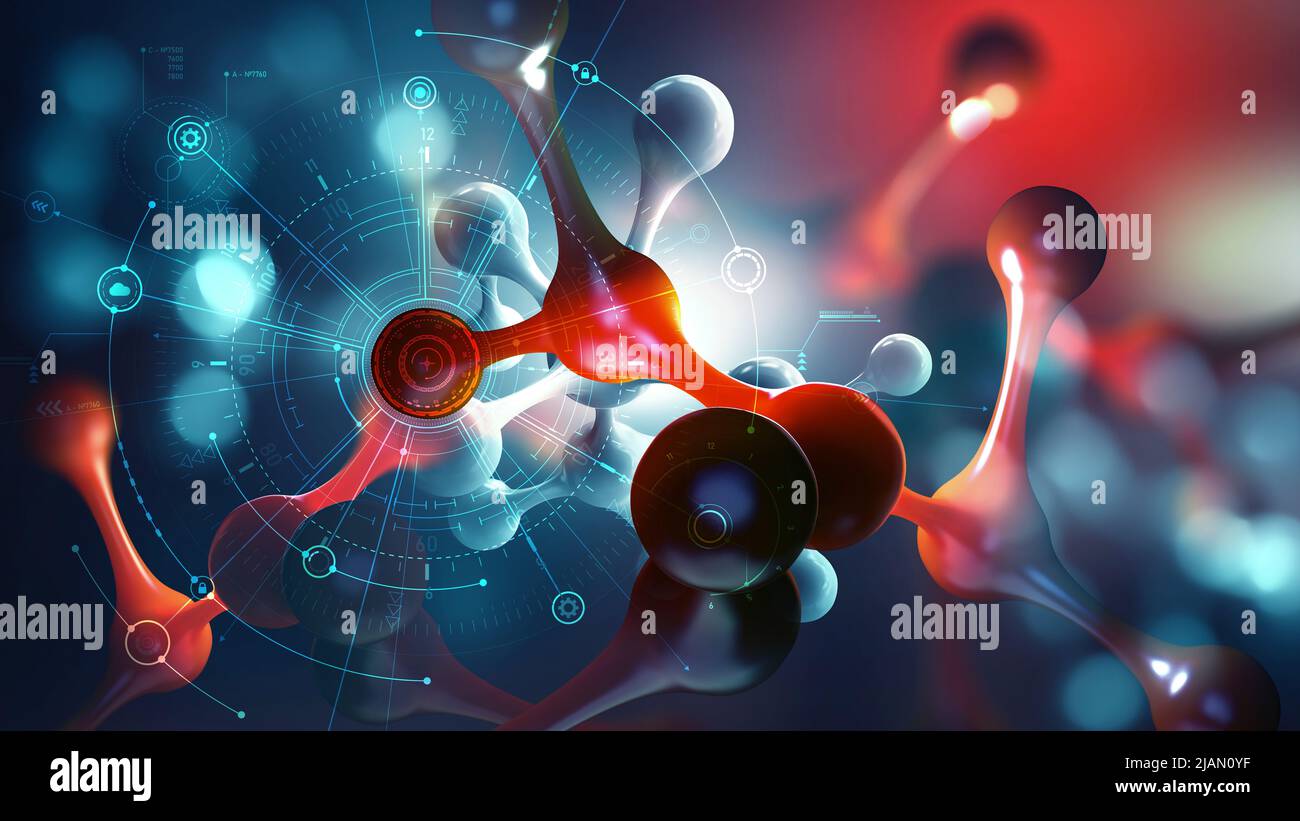 Nanotecnología molecular. Investigación científica. Experimentos de laboratorio y alta tecnología. Entramado molecular resumen 3D ilustración Foto de stock