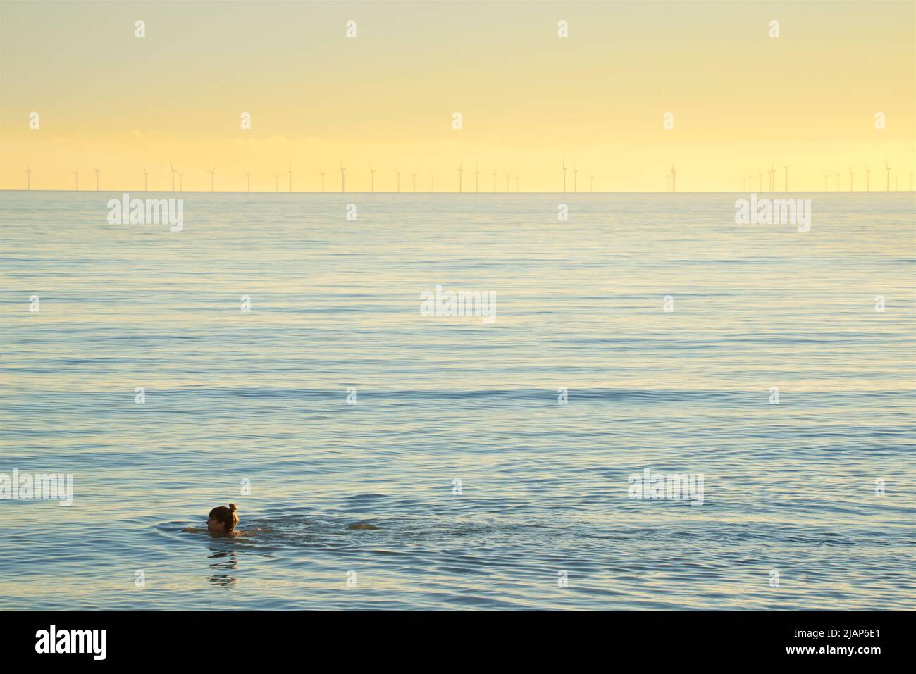 Nade en invierno en el Canal Inglés de Brighton. Mujer nadando. Brighton, East Sussex, Inglaterra, Reino Unido. Parque eólico Rampion en el horizonte. Foto de stock