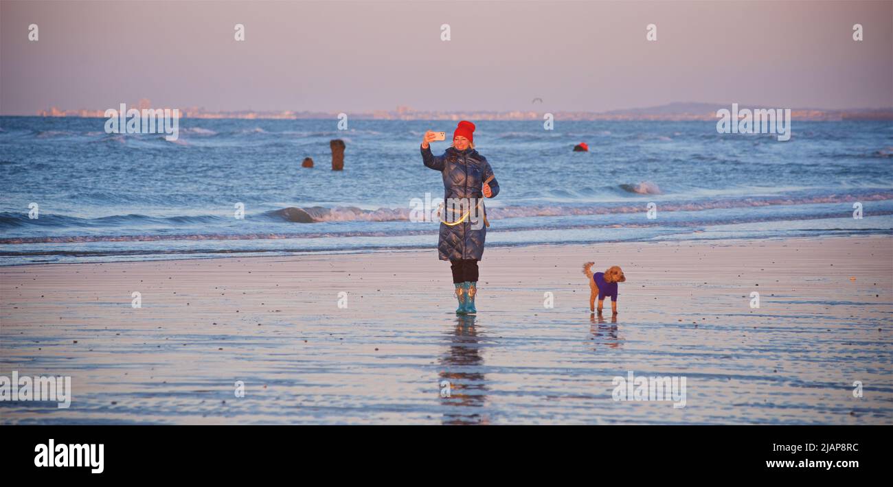 Paseo por la mañana con perro en la playa de Brighton en marea baja. Mirando hacia el oeste con Worthing en la distancia. Mujer hablando selfie o videollamada con el teléfono. Foto de stock