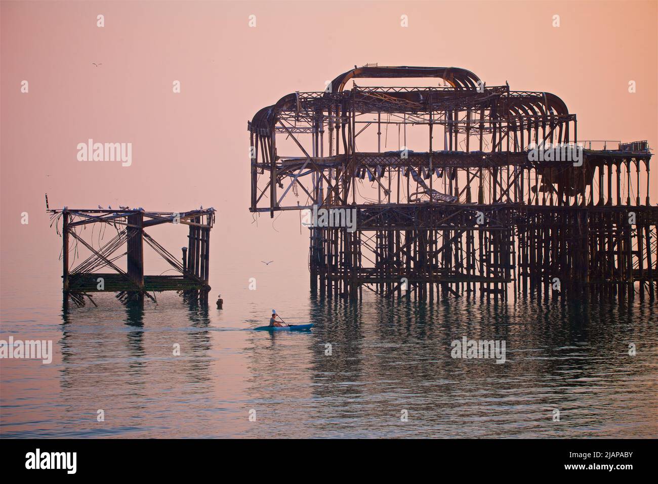 El derelict West Pier en un día nublado de puesta de sol rosa en marzo. Brighton, Inglaterra. Construido en 1866 y cerrado en 1975, el muelle sigue catalogado como Grado I y es un monumento bien conocido. Las aves se rebaño a la estructura oxidada. Foto de stock