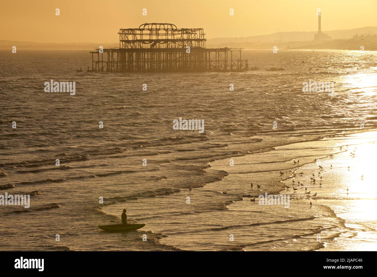 Siluetas de hombre con kayak en la costa en marea baja, Brighton & Hove, East Sussex, Inglaterra, Reino Unido. Restos del dilapidado West Pier más allá. Gaviotas en la orilla. Foto de stock