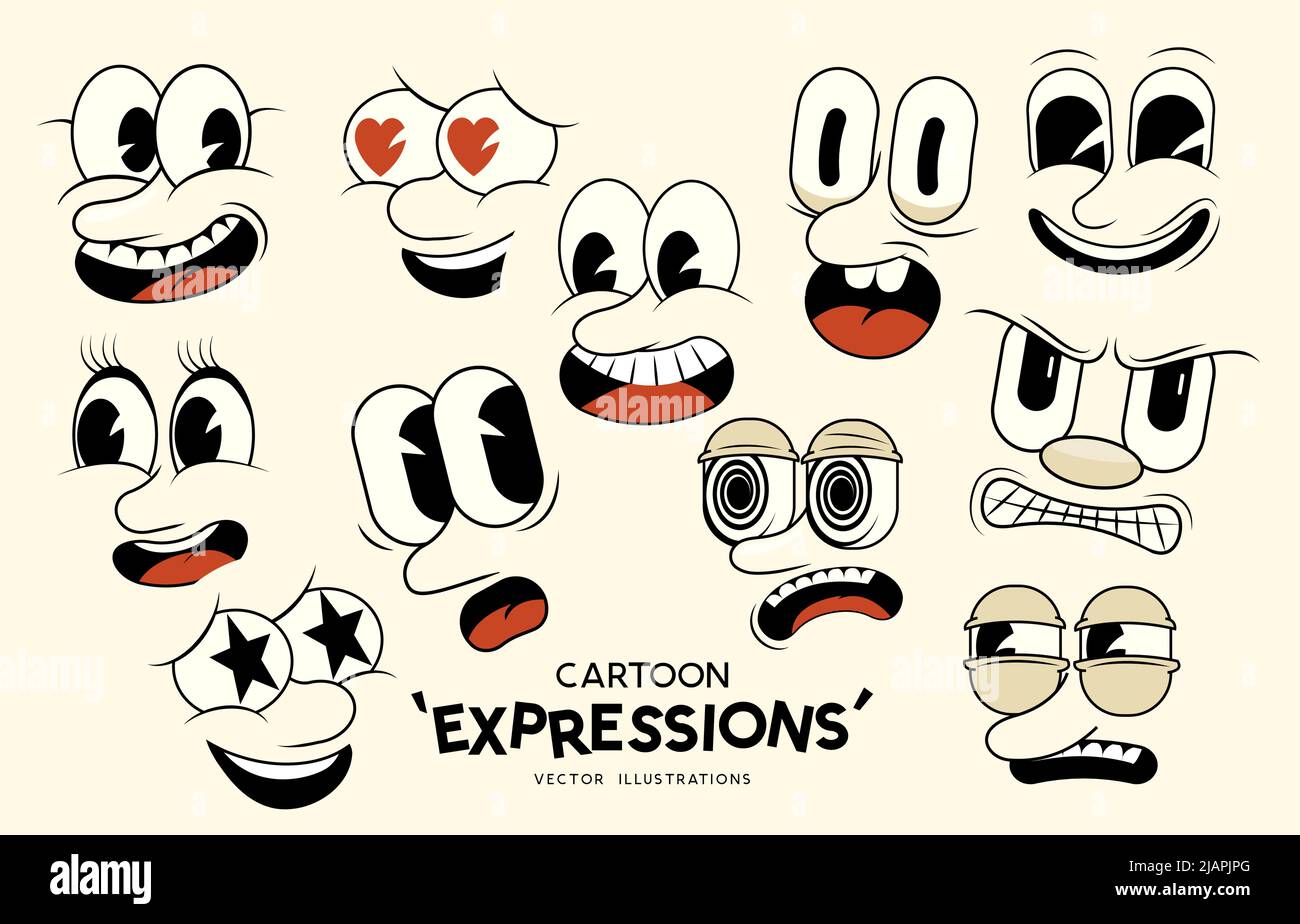 ¡Una colección de caras de dibujos animados retro clásicos y expresiones emocionales! ilustración vectorial. Ilustración del Vector