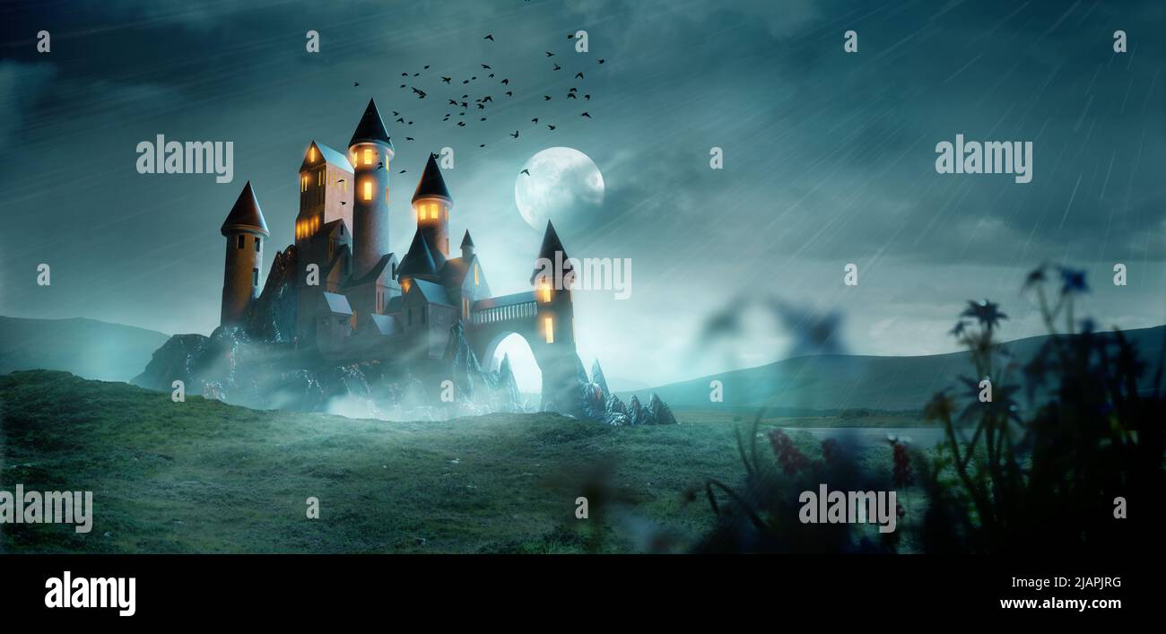Un antiguo y mítico paisaje de castillo escénico en una noche tormentosa. Ilustración Fantasy 3D. Foto de stock