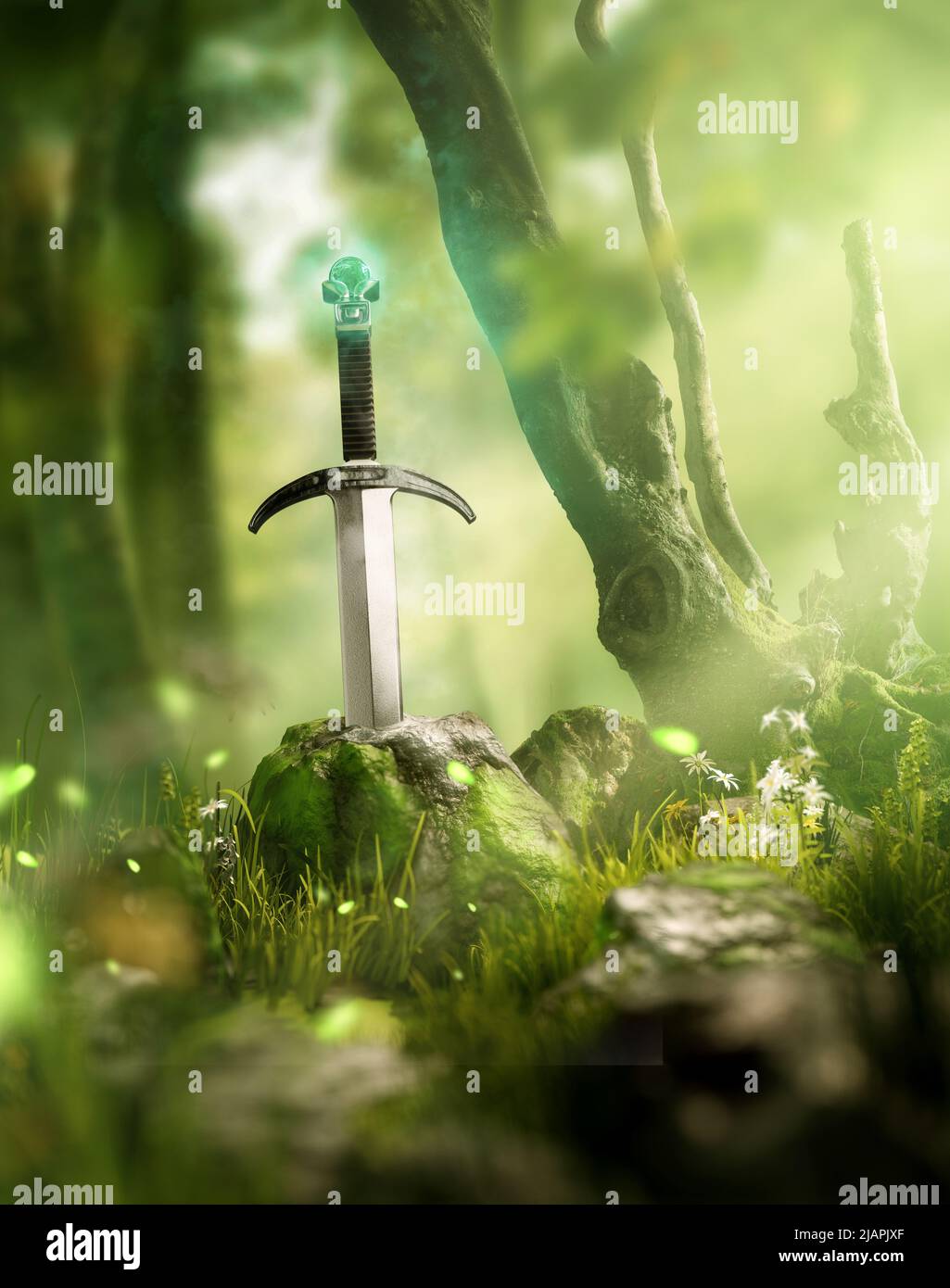 Una antigua espada legendaria perdida en el subcrecimiento de un bosque. Ilustración 3D. Foto de stock