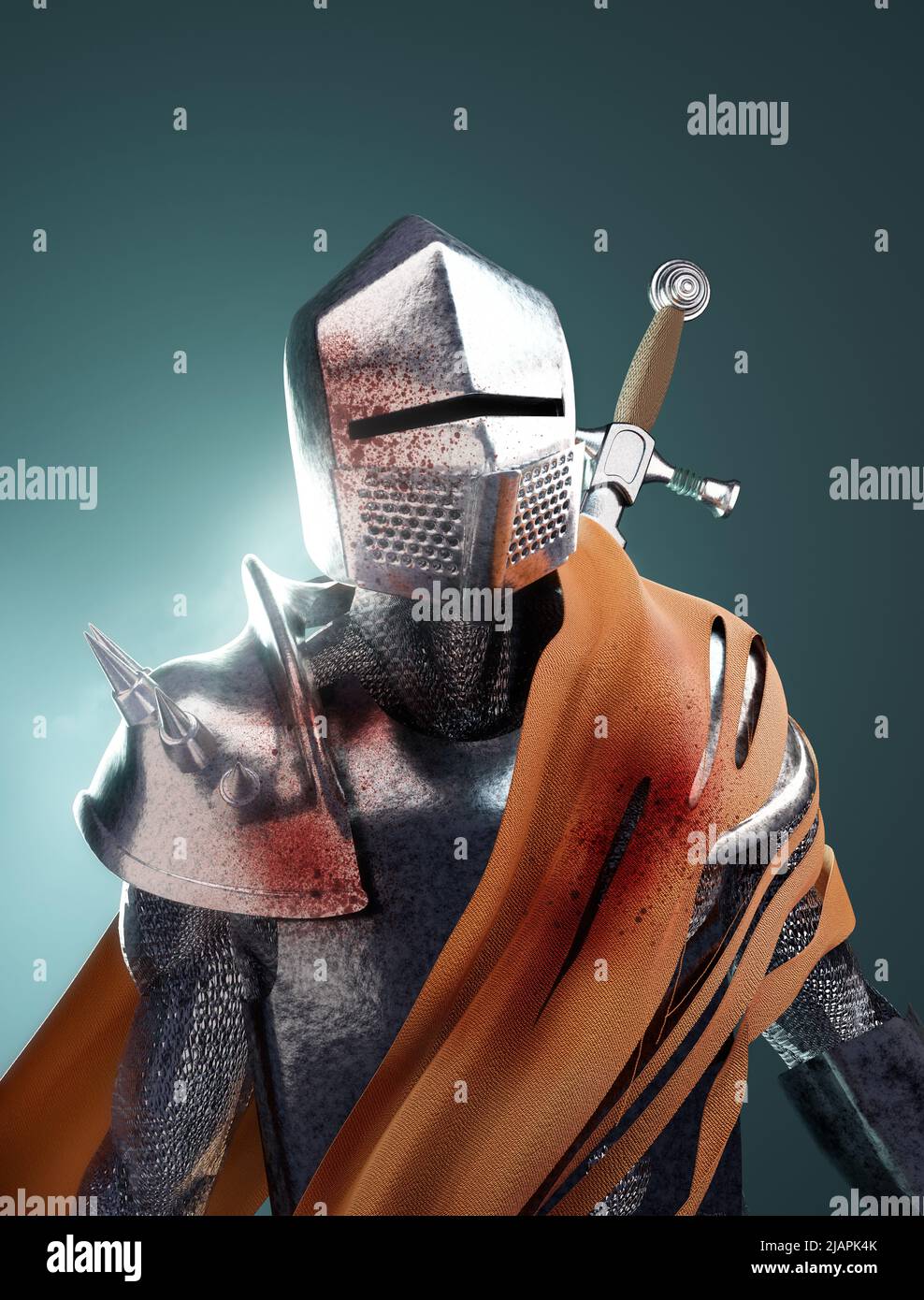 Una batalla endurecida caballero medieval en la armadura del cuerpo. Retrato de ilustración de Warrior 3D Foto de stock