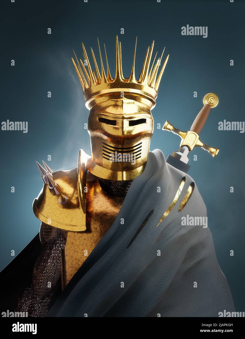 Un rey de caballeros con un traje de armadura de oro, retrato de ilustración del guerrero medieval 3D Foto de stock