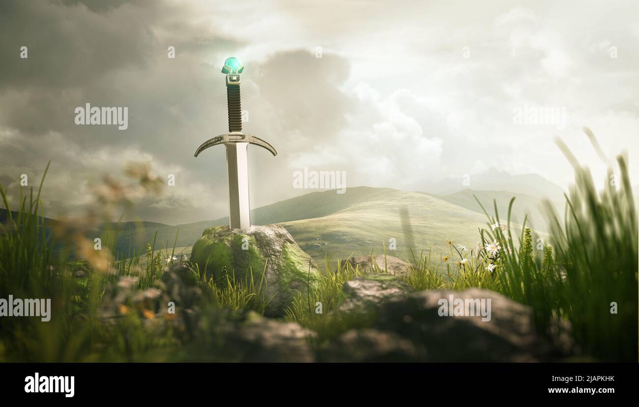Perdido Antigua poderosa espada contra rocas cubiertas de musgo y un paisaje épico. Ilustración 3D. Foto de stock