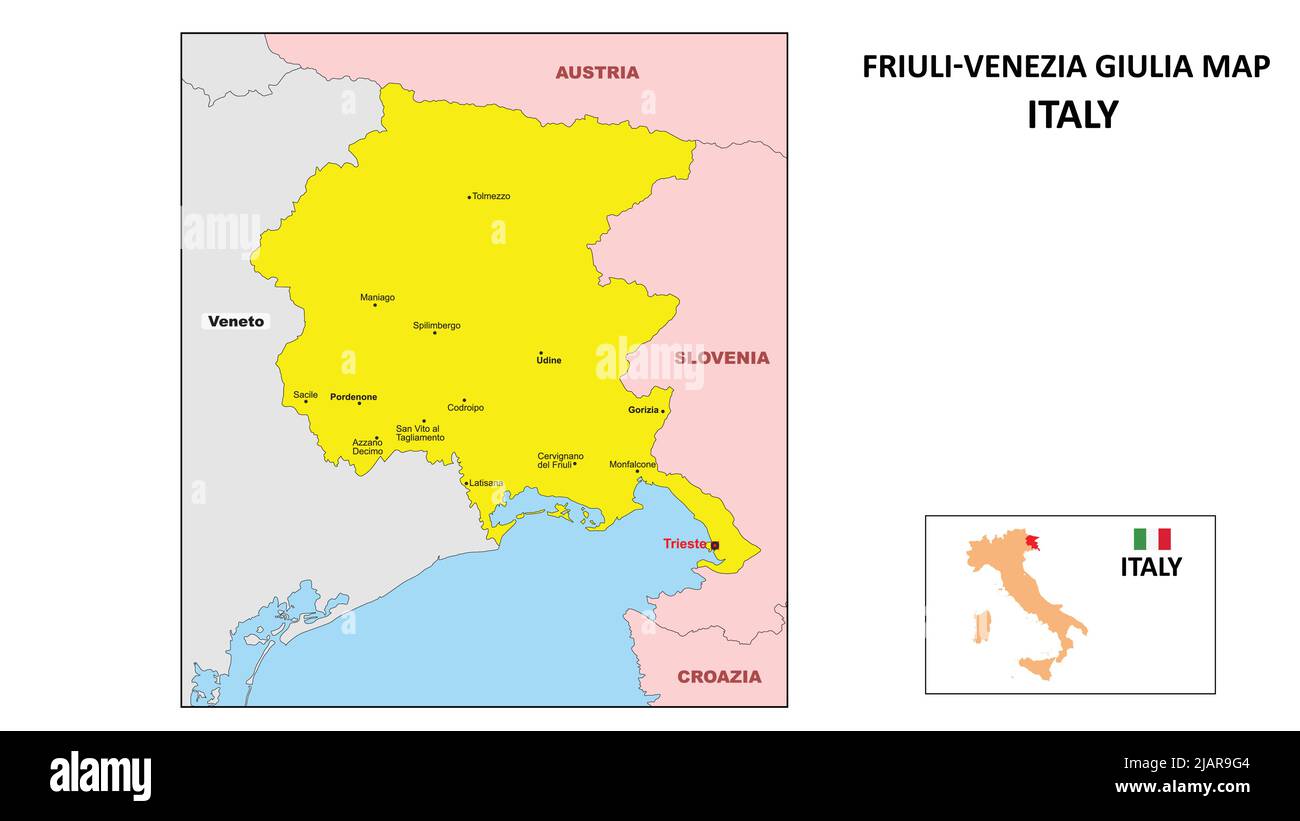 Mapa Friuli Venezia Giulia. Mapa del estado y del distrito de Friuli Venezia Giulia. Mapa político de Friuli Venezia Giulia con el distrito principal Ilustración del Vector