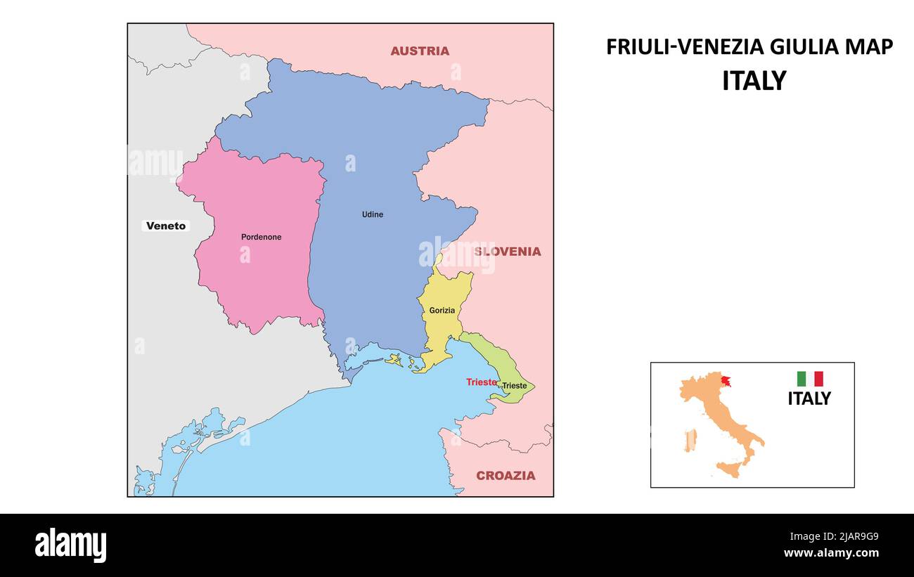Mapa Friuli Venezia Giulia. Mapa del estado y del distrito de Friuli Venezia Giulia. Mapa político de Friuli Venecia Julia con países vecinos y Bord Ilustración del Vector