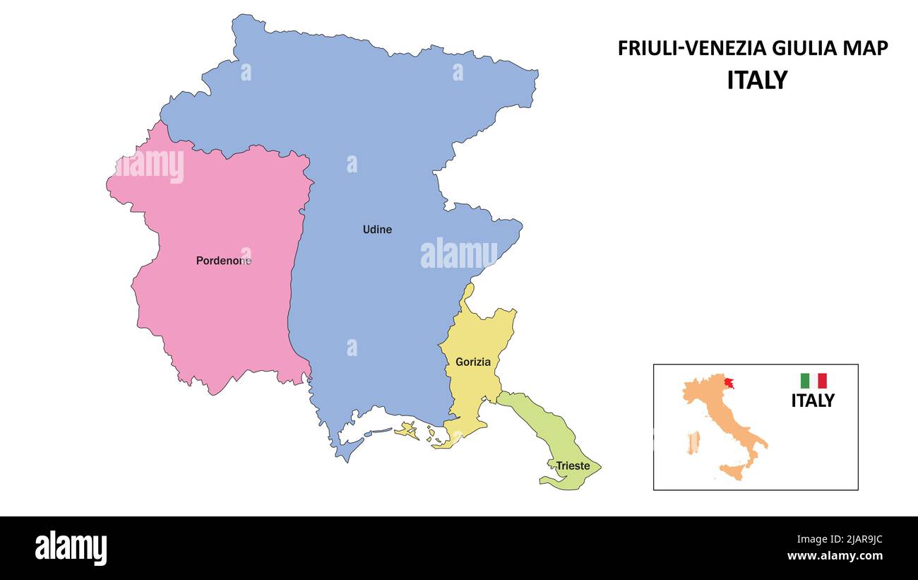 Mapa Friuli Venezia Giulia. Mapa del distrito de Friuli Venezia Giulia en el mapa del distrito de Friuli Venezia Giulia en color con la capital. Ilustración del Vector