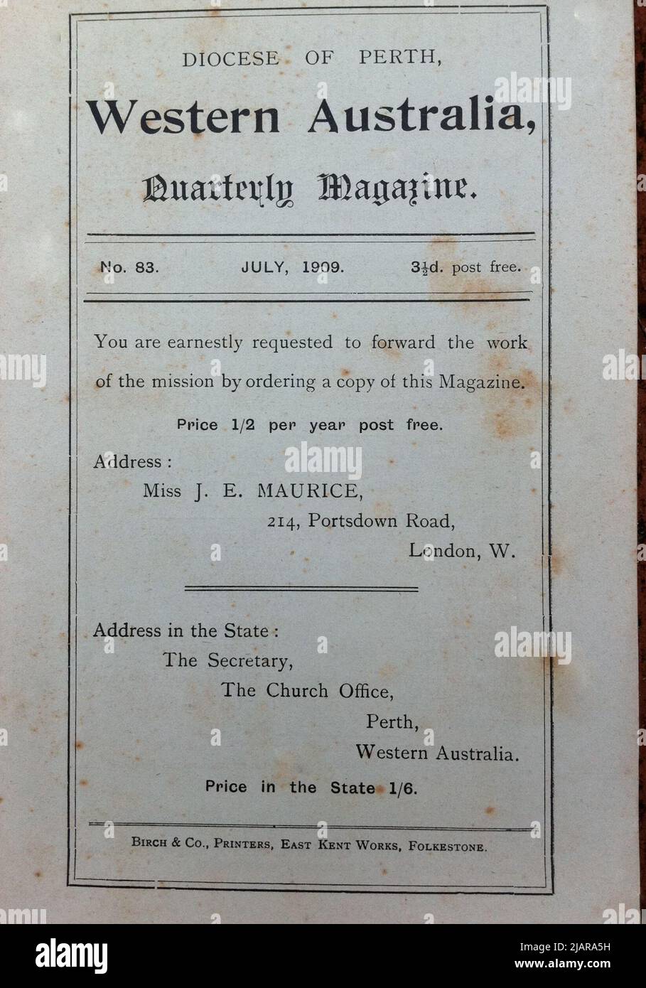 Portada de la revista trimestral de la Diócesis de Perth, abril de 1910 (Impreso en el Reino Unido) ca. Abril de 1910 Foto de stock