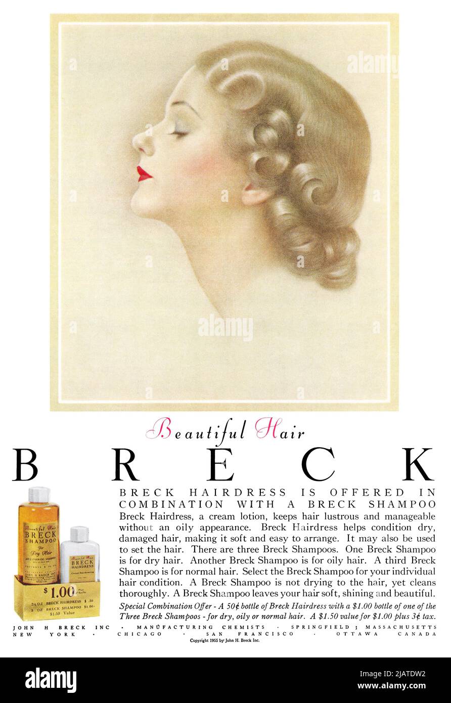 1955 EE.UU. Anuncio para Breck Hairdress y Breck Shampoo. Foto de stock