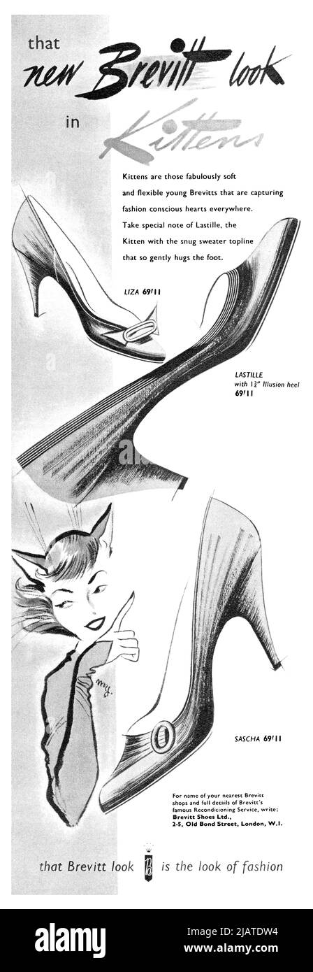 1955 Anuncio británico para los zapatos de Brevitt Kitten. Foto de stock