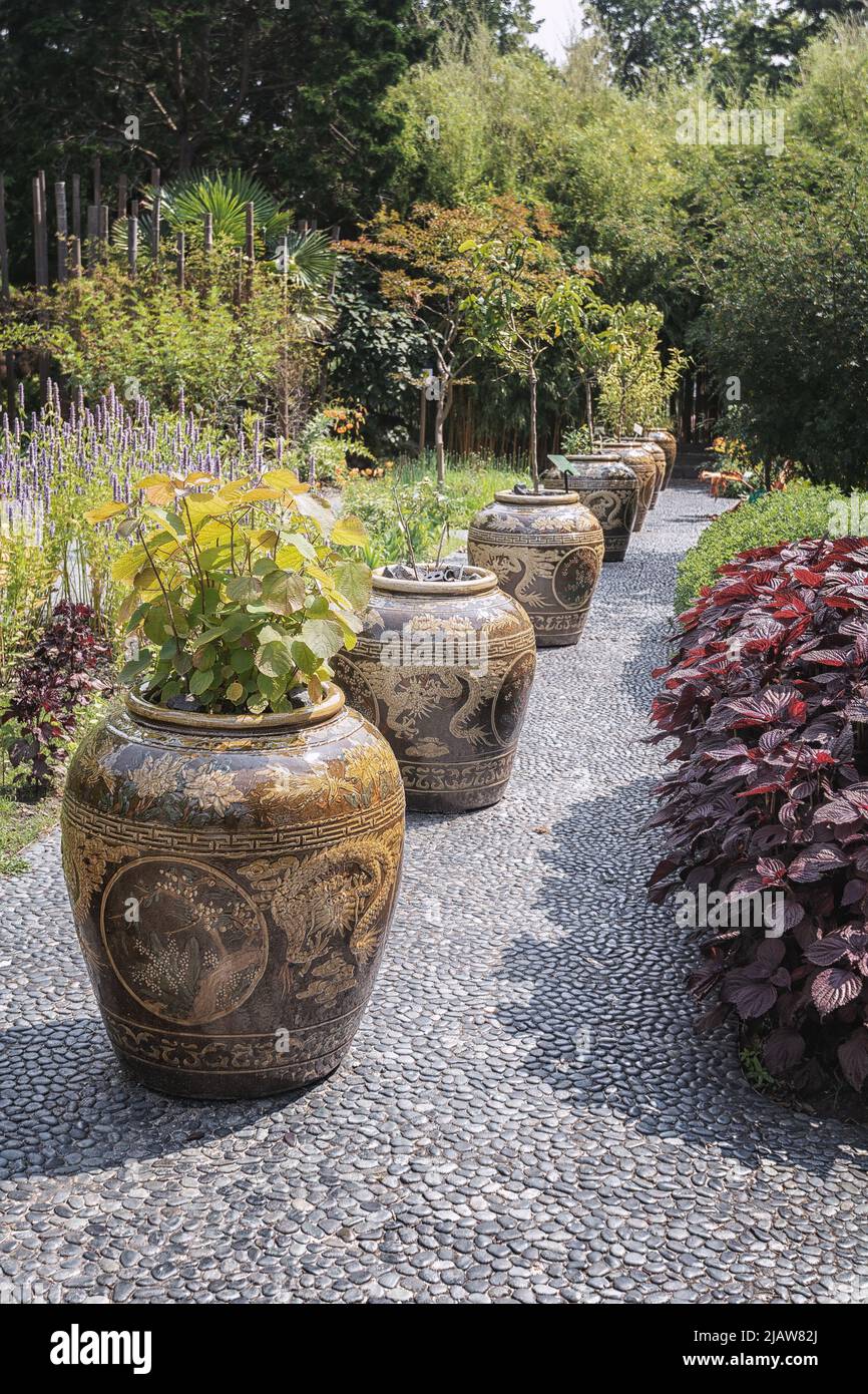 Jarrones grandes de jardín con flores en la valla de piedra Fotografía de  stock - Alamy