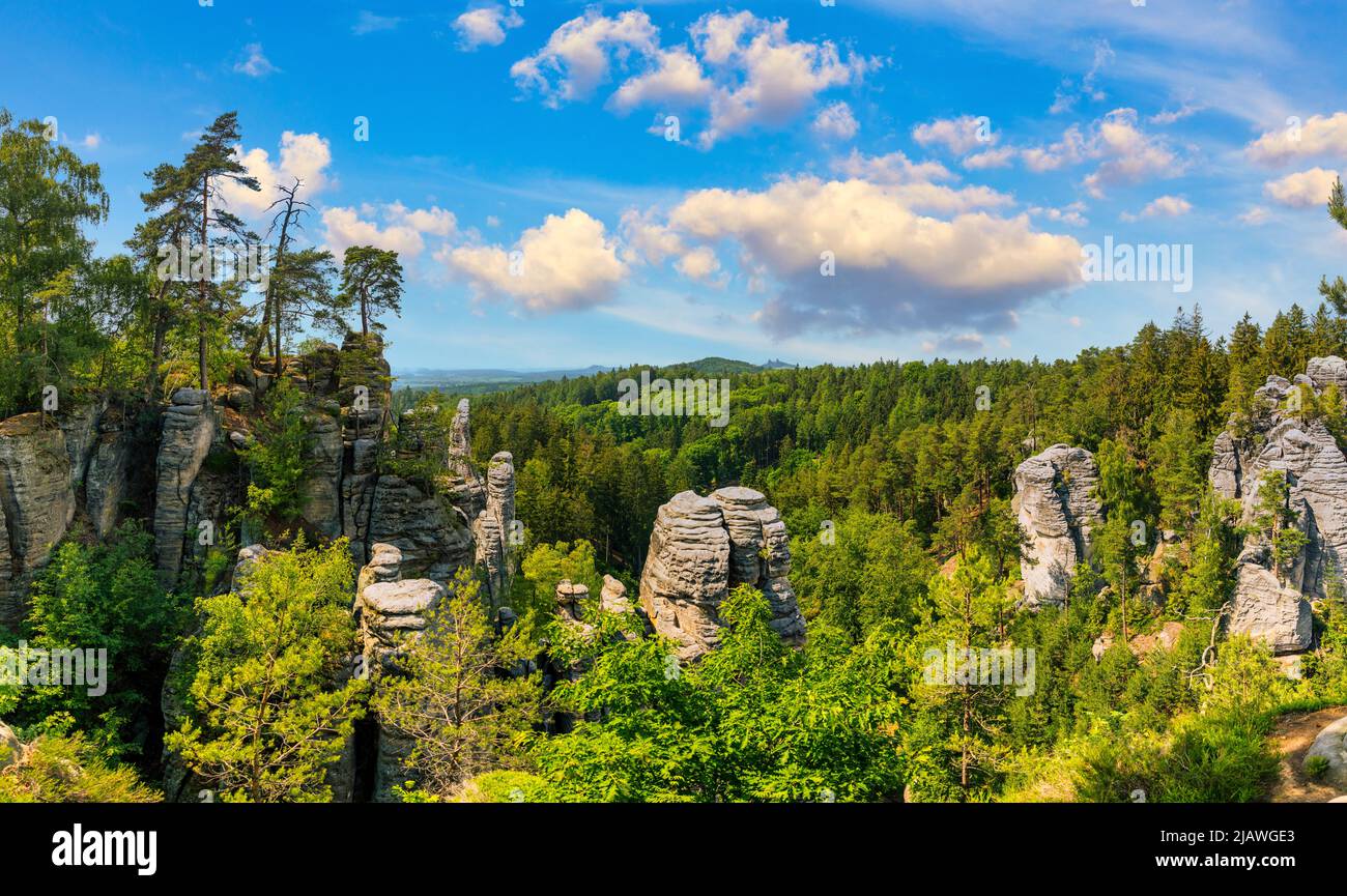 Rocas Prachov (Prachovske skaly) en la región de Cesky Raj, República Checa. Formación de piedra arenisca en un bosque vibrante. Prachov Rocks, checo: Prachovske ska Foto de stock