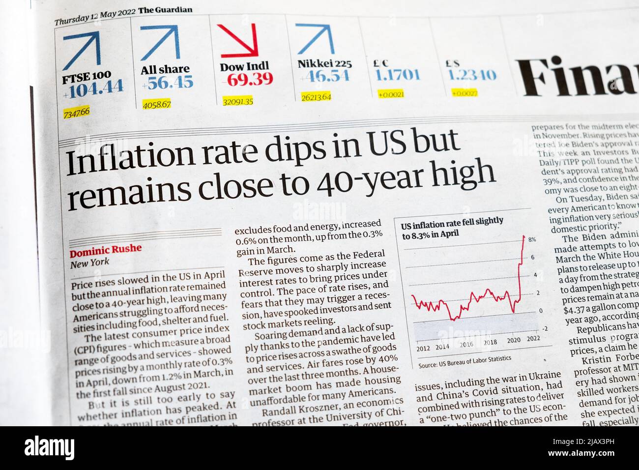 'La tasa de inflación baja en EE.UU., pero se mantiene cerca de los 40 años más altos' Guardian periódico titular reciclaje artículo recorte 11 de mayo de 2022 Londres Reino Unido Foto de stock