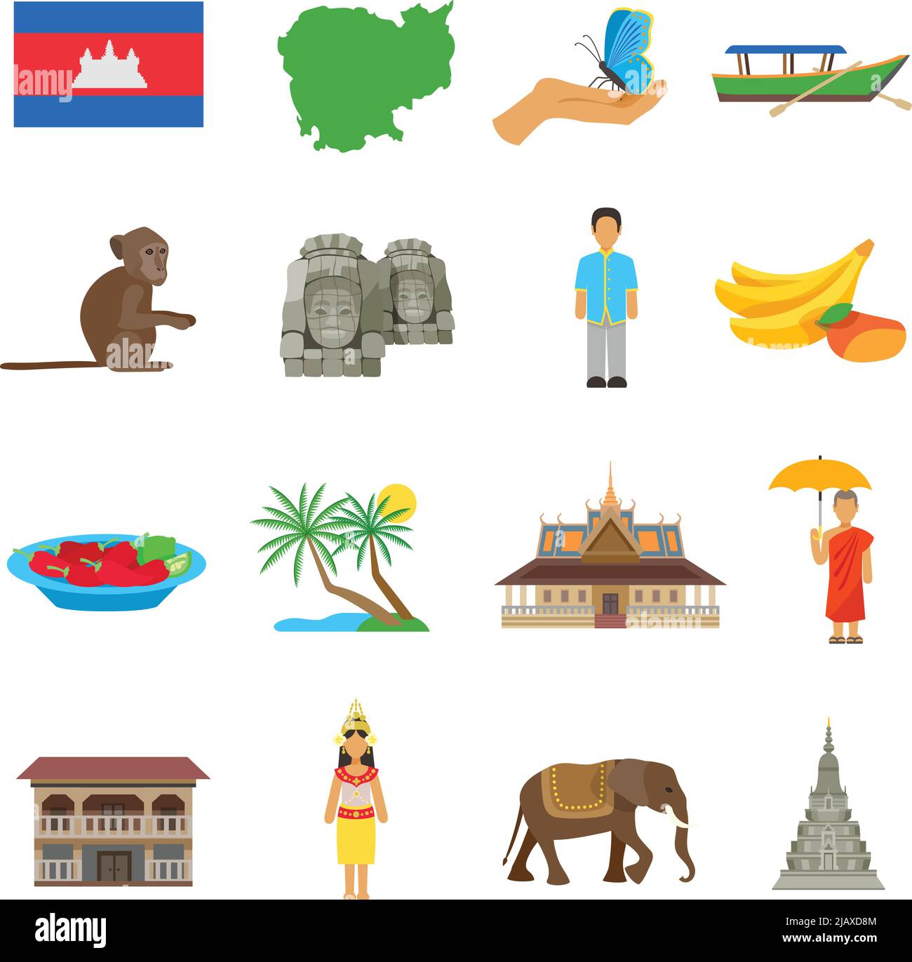 La cultura camboyana para la colección de los iconos planos de los turits con templo del barco y animales exóticos abstracta ilustración aislada del vector Ilustración del Vector