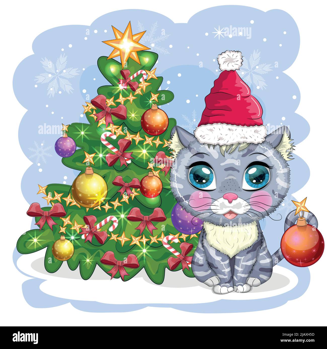 Lindo gato de dibujos animados en el sombrero de Santa cerca del árbol de Navidad decorado. Invierno 2023, Navidad y Año Nuevo Chino Imagen Vector de stock - Alamy Lindo gato de dibujos animados en el sombrero de Santa cerca del árbol de Navidad decorado. Invierno 2023, Navidad y Año Nuevo Chino Imagen Vector de stock - Alamy