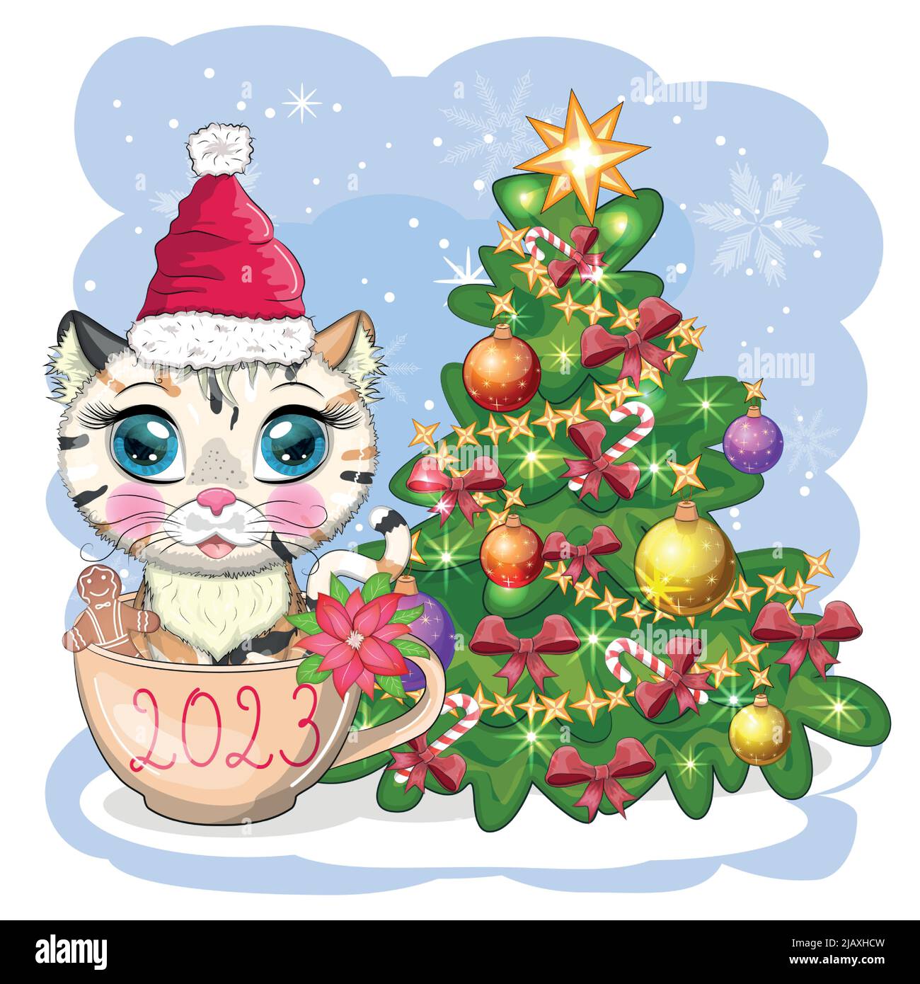Lindo gato de dibujos animados en el sombrero de Santa cerca del árbol de Navidad decorado. Invierno 2023, Navidad y Año Nuevo Chino Imagen Vector de stock - Alamy Lindo gato de dibujos animados en el sombrero de Santa cerca del árbol de Navidad decorado. Invierno 2023, Navidad y Año Nuevo Chino Imagen Vector de stock - Alamy
