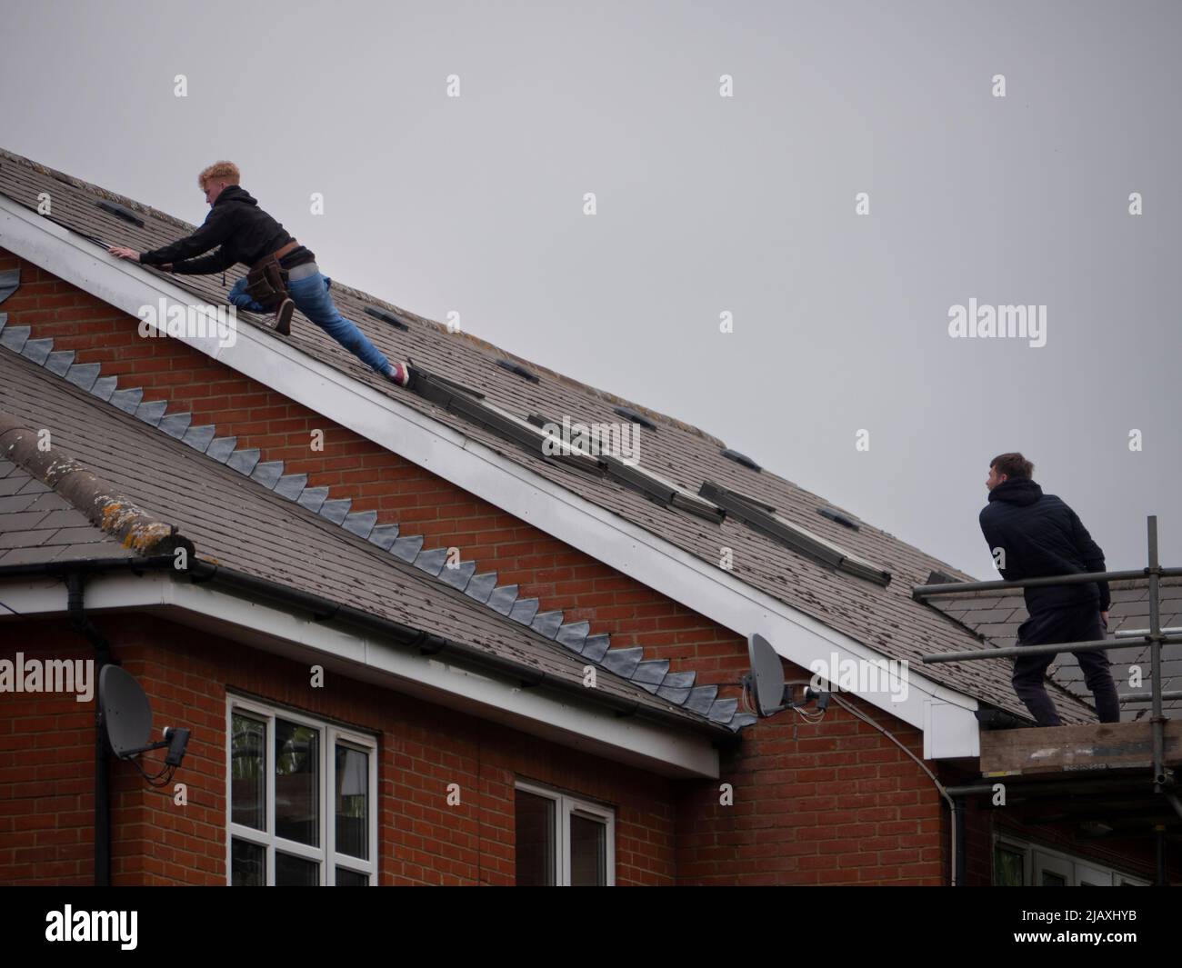 Techadores trabajando en altura fijando tejas en el techo en el noreste de Londres Foto de stock