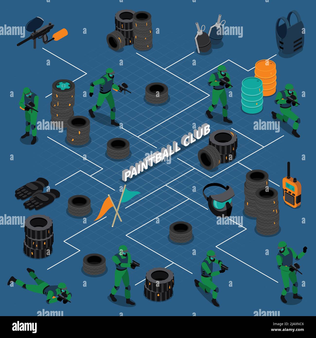 Infografías isométricas con diagrama de flujo de elementos del club de  paintball incluyendo equipo y jugadores sobre ilustración de vectores de  fondo azul Imagen Vector de stock - Alamy