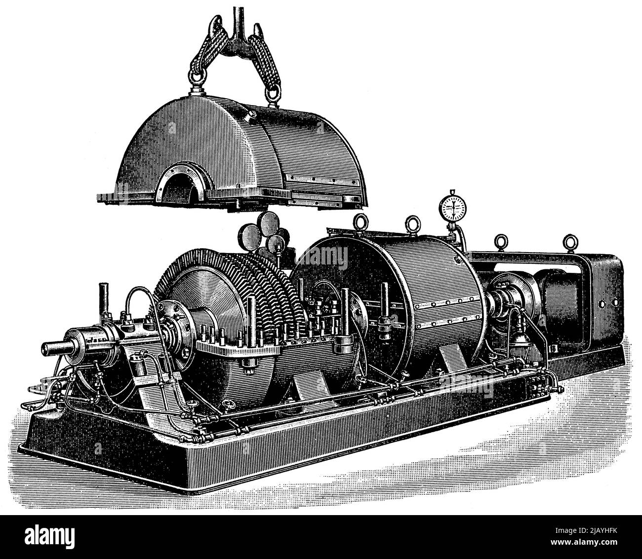 Turbina de vapor Zoelly. Publicación del libro 'Meyers Konversations-Lexikon', Volumen 2, Leipzig, Alemania, 1910 Foto de stock