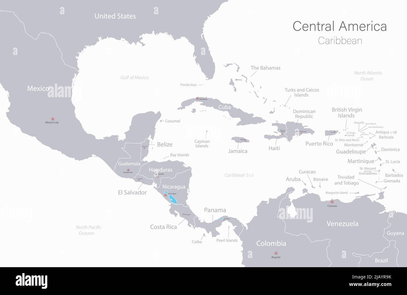 Mapa de las islas de América Central y el Caribe, estados y ciudad capital  con nombres, blanco sobre vector de fondo Imagen Vector de stock - Alamy