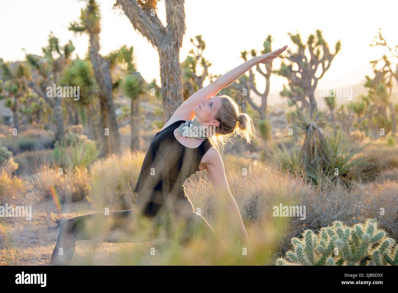 Yoga en un pequeño pueblo desértico en California. Foto de stock