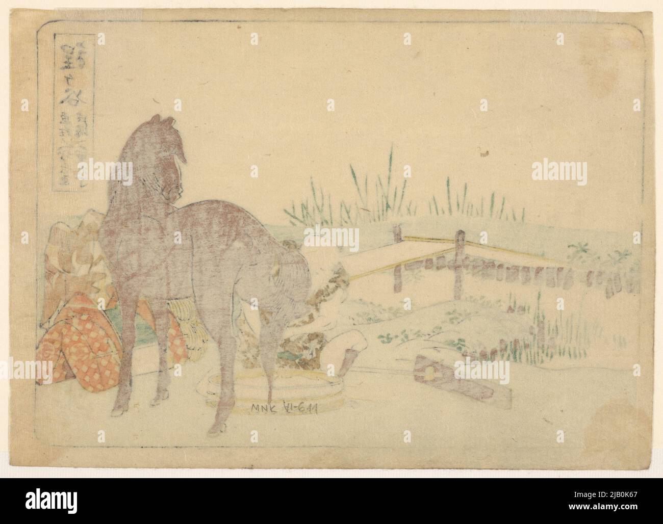 Un MMAN lavando un caballo. Hodogaya, de la serie: Cincuenta y tres paradas en la autopista Tokaido /Tokaido gojusan tsugi Katsushika, hokusai (1760 1849) Foto de stock
