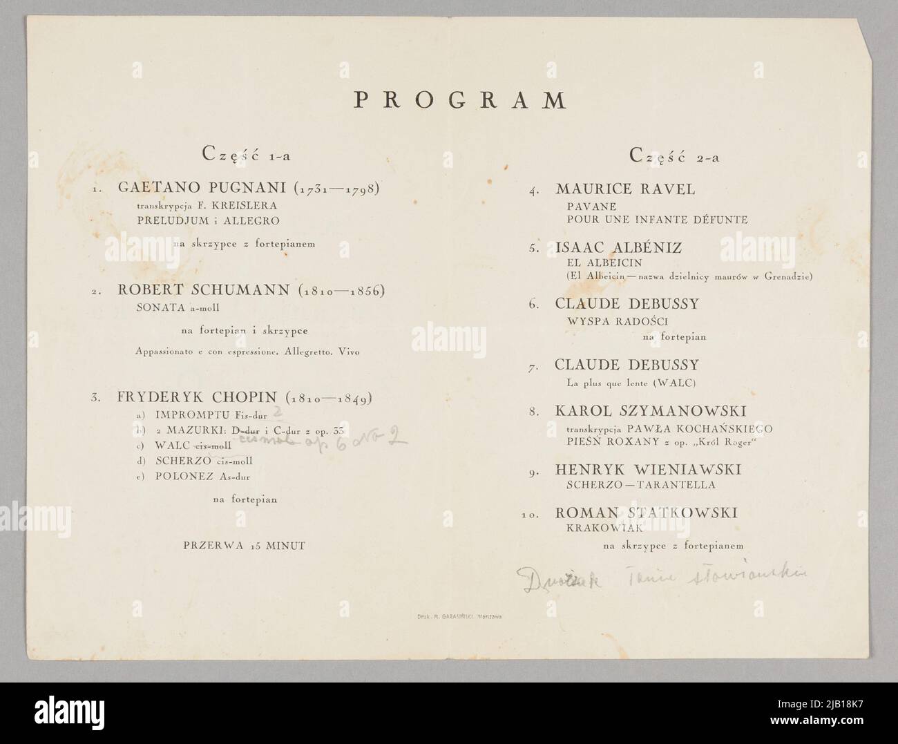 Programa de Concierto de Eugenia Umińska Violín y Zygmunt Dygat Un