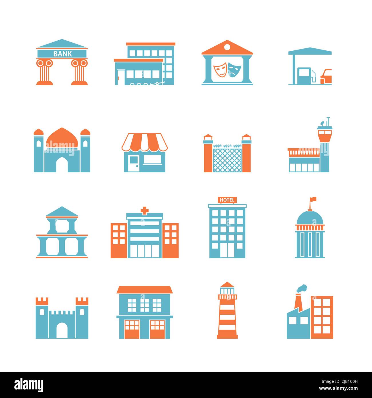 Conjunto de iconos de edificios gubernamentales de la fábrica de jardín de infancia ilustración vectorial aislada Ilustración del Vector