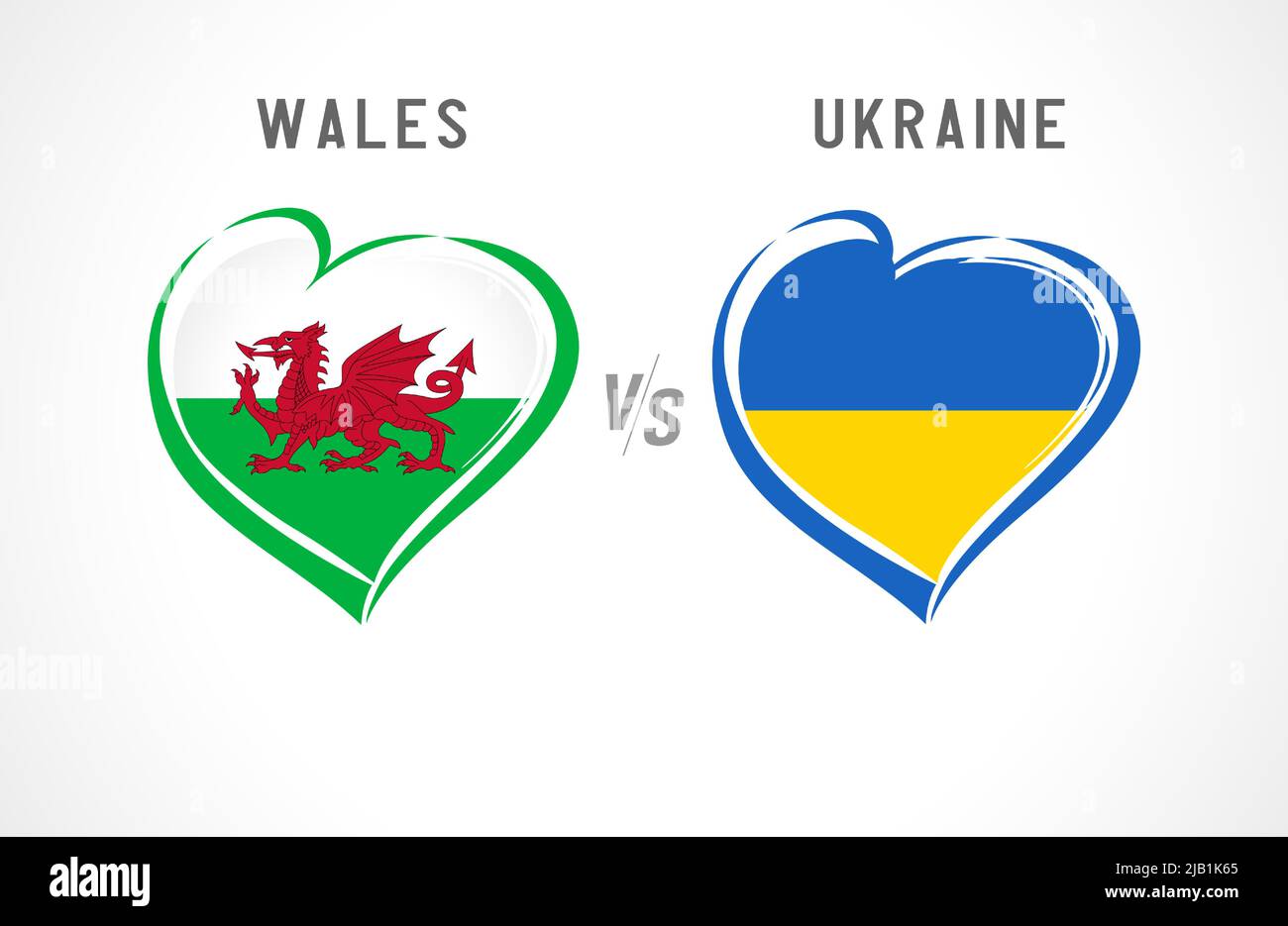 Gales contra Ucrania, emblema de bandera. Fútbol de la selección nacional sobre fondo blanco. Bandera nacional galesa y ucraniana de corazón, ilustración vectorial Ilustración del Vector