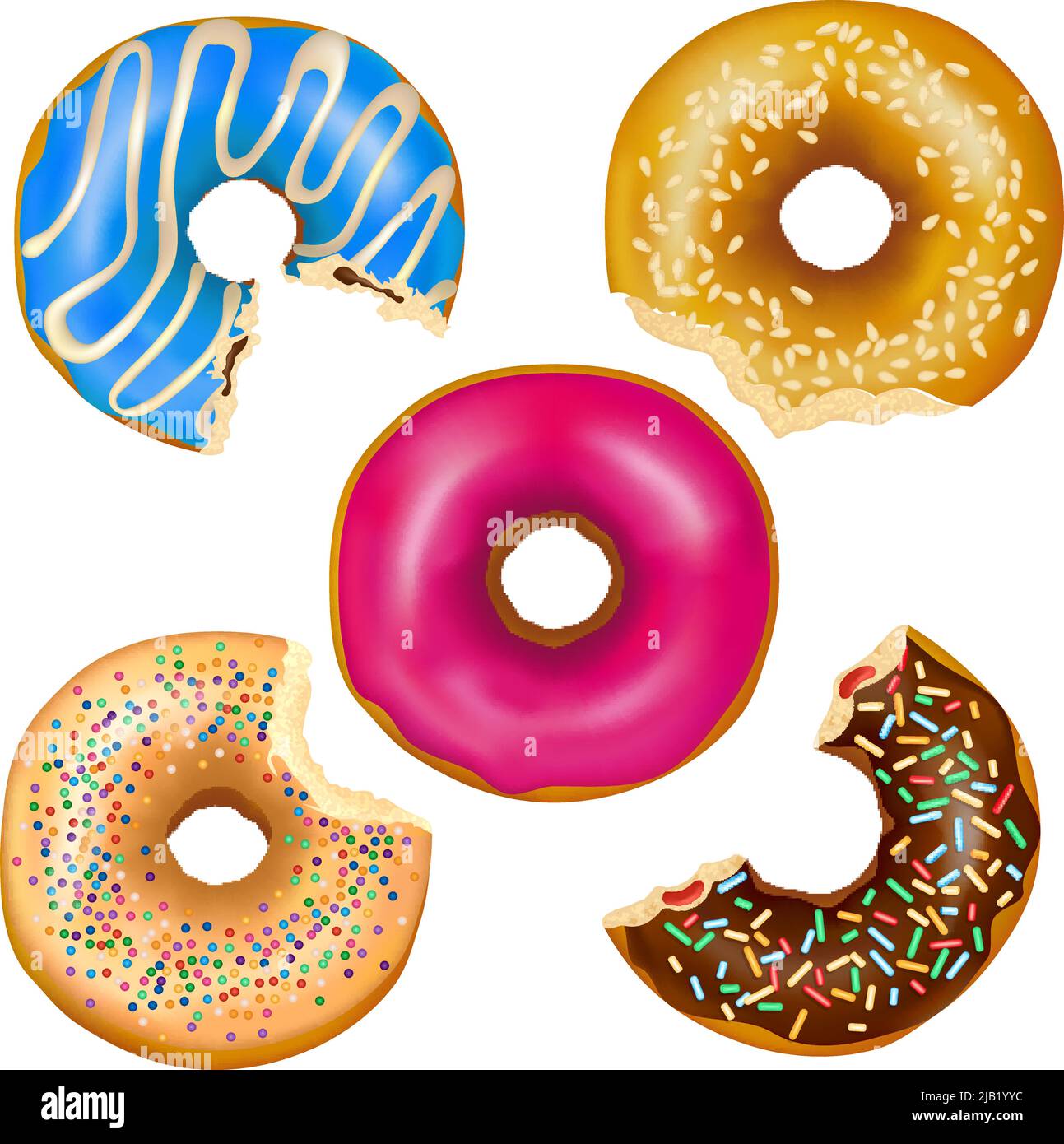 Juego de donuts reales comidos con relleno, decoración variada, incluyendo glaseado colorido, semillas de sésamo aislado ilustración vectorial Ilustración del Vector