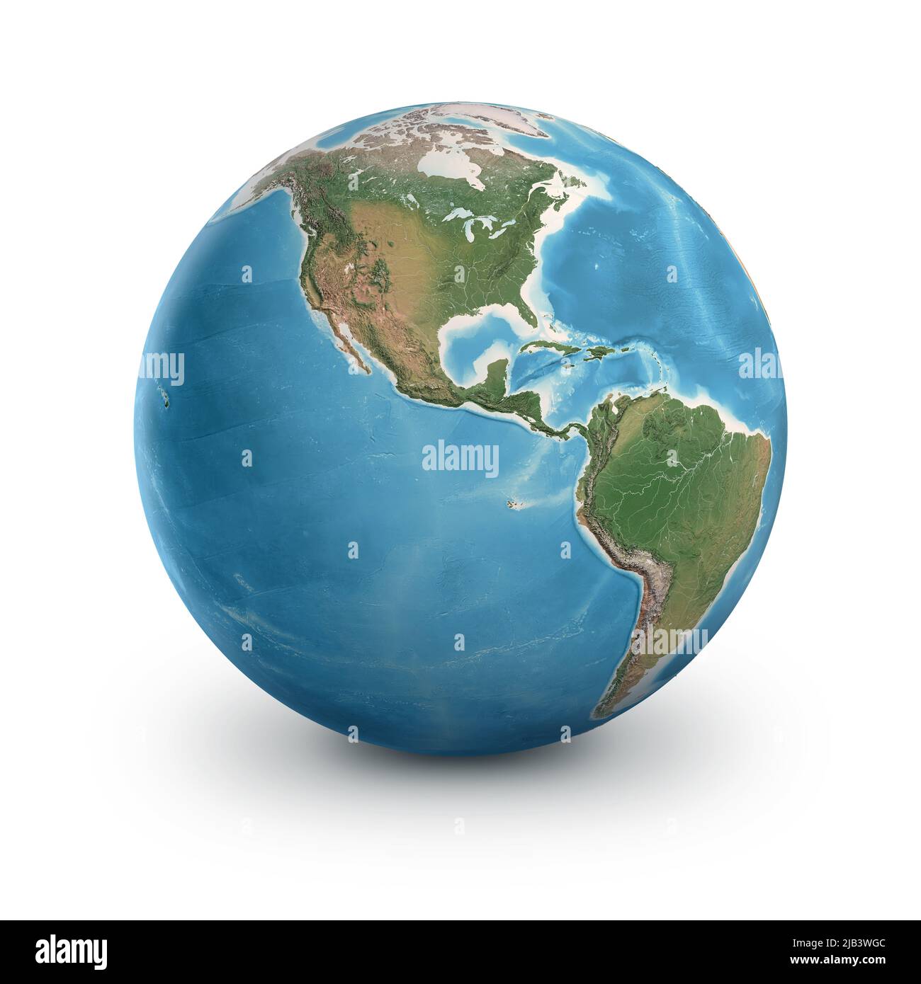 Planeta Tierra, aislado sobre blanco. Globo terráqueo físico, centrado en América del Norte y del Sur - 3D ilustración, elementos de esta imagen proporcionados por la NASA. Foto de stock