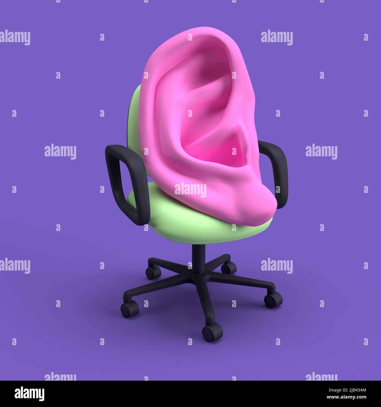 un oído grande sentado en una silla de oficina y escuchando, 3d ilustración de la práctica del psicoanálisis Foto de stock