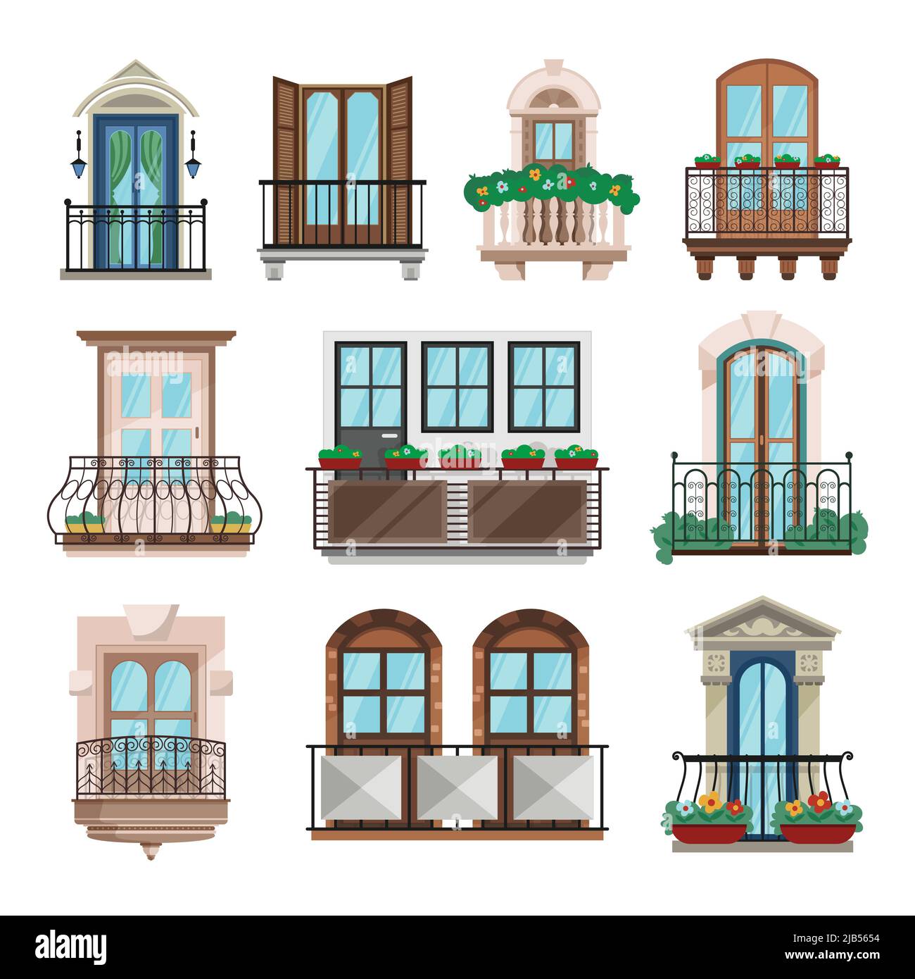 El balcón acristalado y los ventanales están en un estilo clásico de ilustración de vectores planos Ilustración del Vector