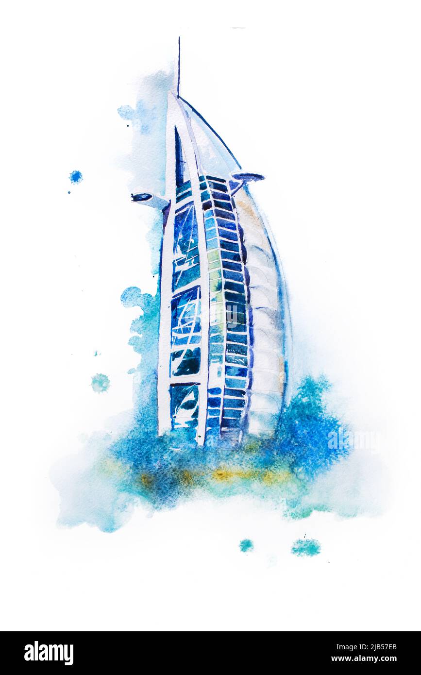 Dibujo acuarela del hotel Dubai. Burj Al Arab aquarelle pintura. Foto de stock